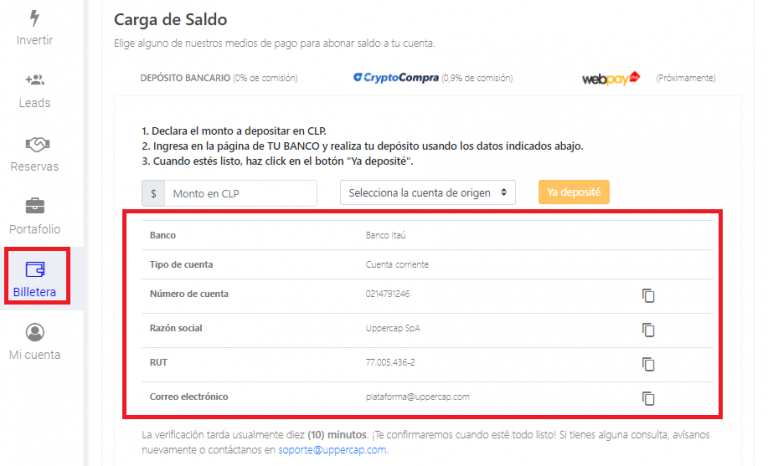 ¿Cómo depositar dinero en la plataforma de Uppercap? - Uppercap